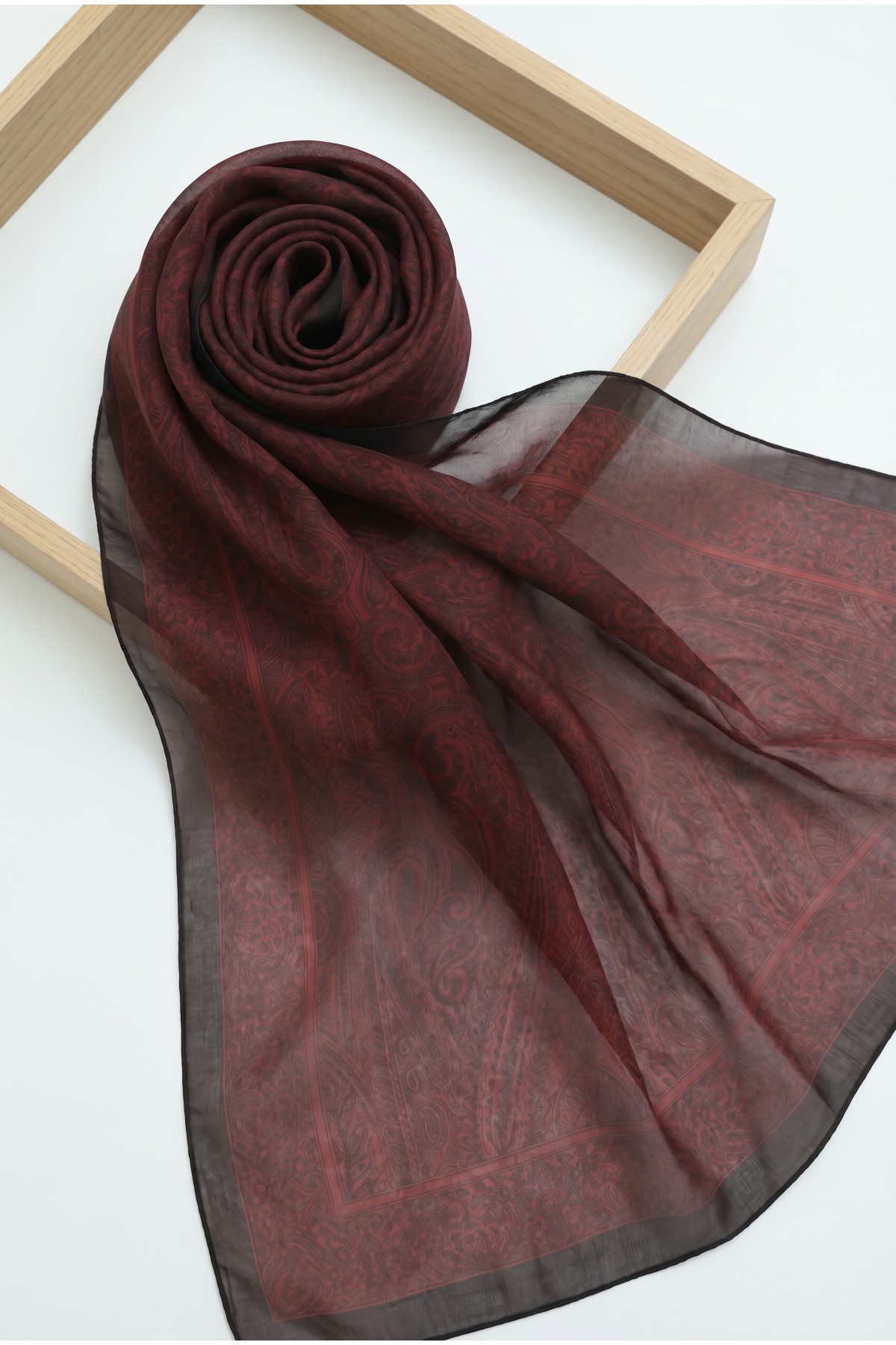 Ethnic Patterned Voile Scarf -Dark Bordo