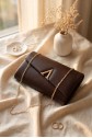 Patent Leather Evening Bag with Geometric Buckle and Thin Chain -Brown
