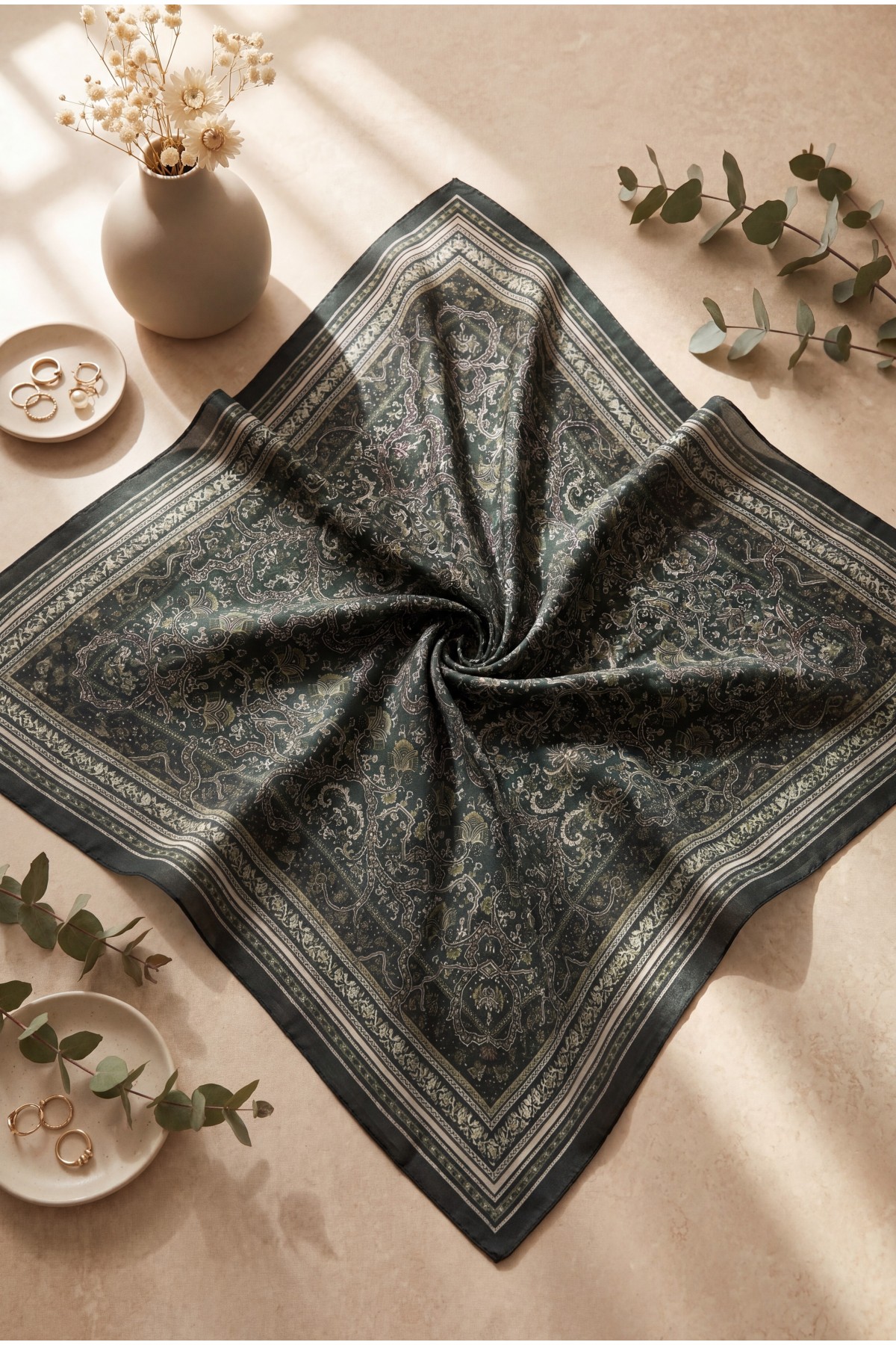 Barok Desen Coton Eşarp -Haki