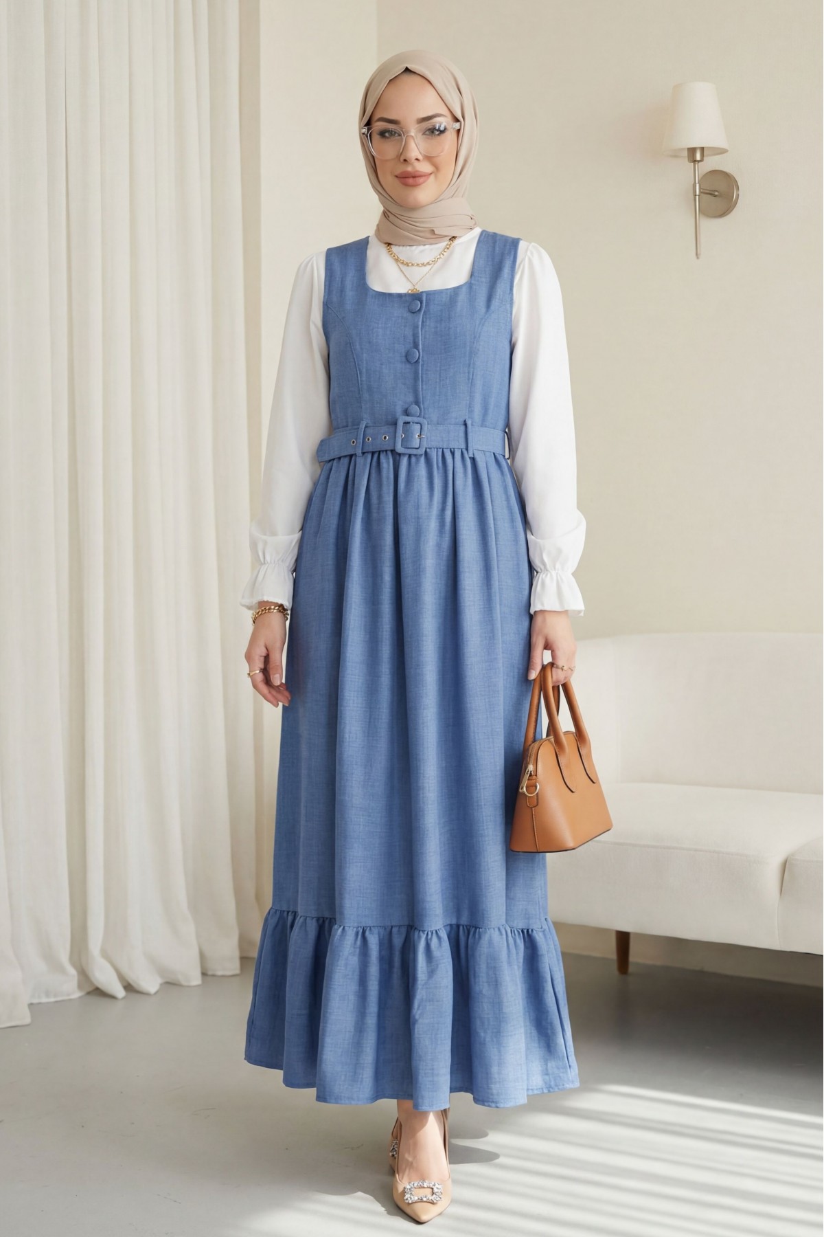 Button Up Dress with Ruffled Waist Belt    -İndigo
