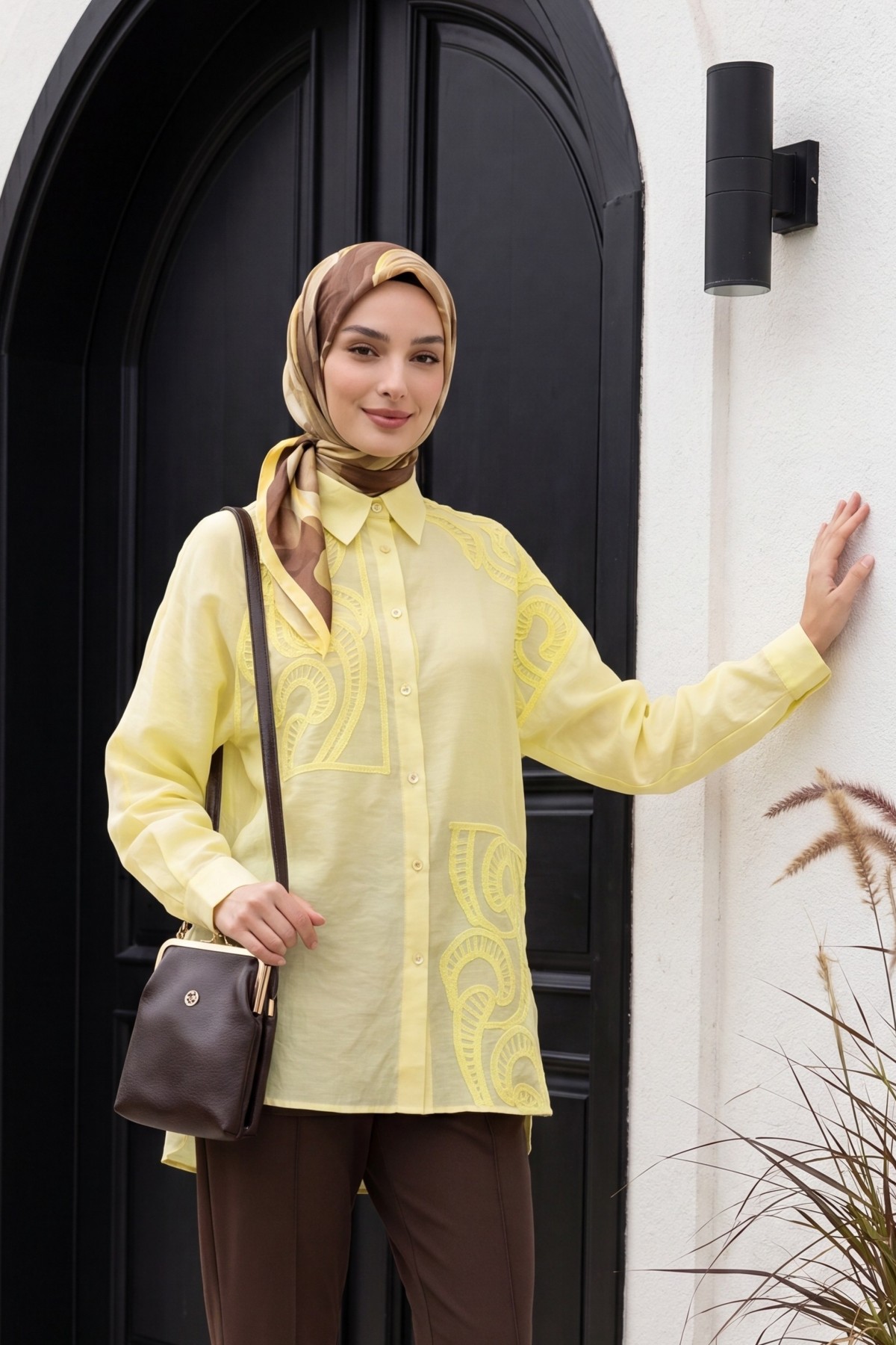Asymmetrical Embroidered Buttoned Tulle Voile Tunic -Yellow