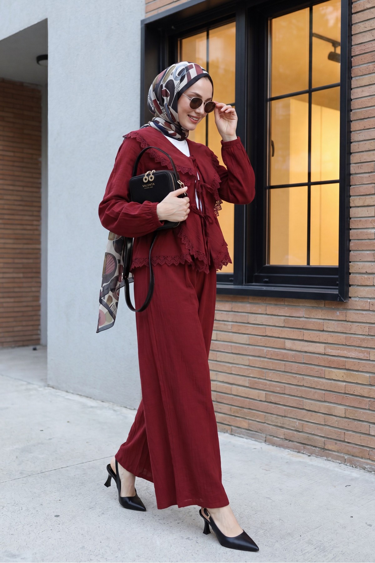 Strawberry Set with Lace Detail and Front Tie-Up Pants -Maroon