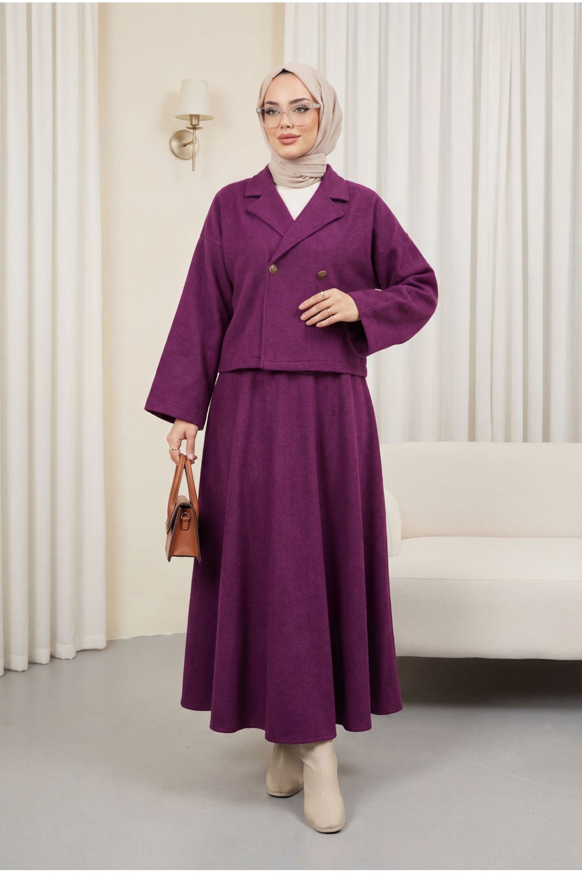 Single-Buttoned Felt Suit with Skirt -Damson