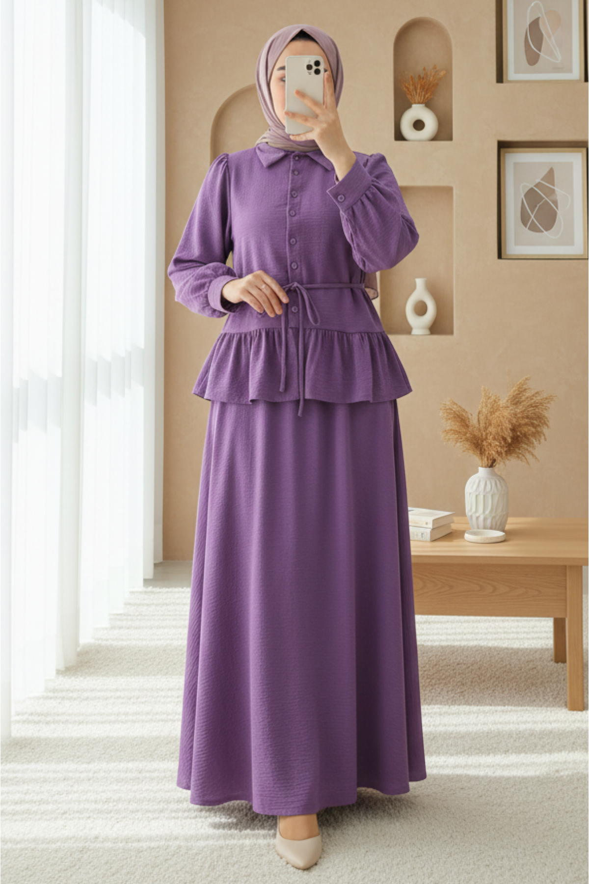 Pieced Pleated Blouse Skirt Set - Purple