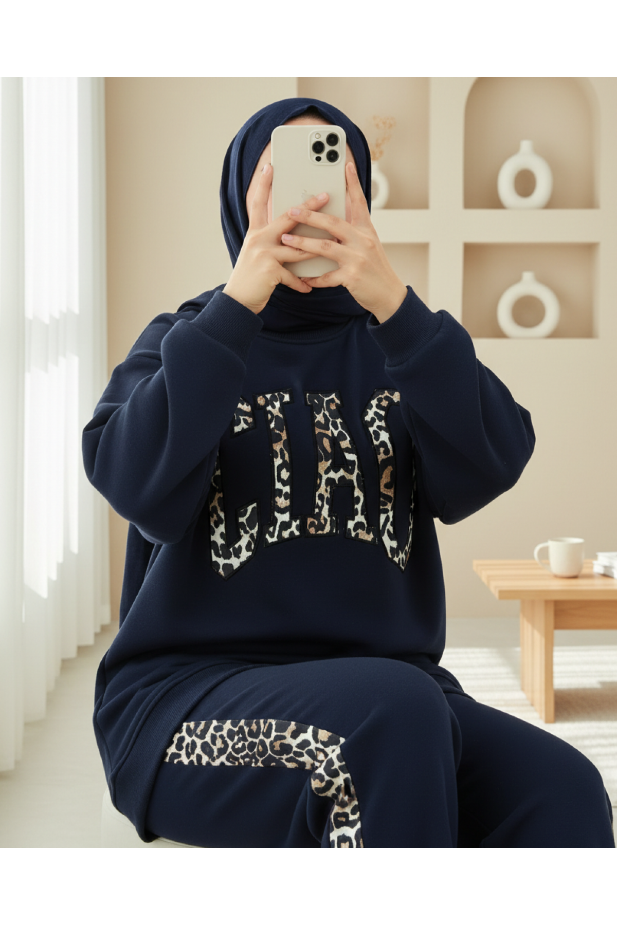 Önü Yazılı Leopar Deseni Detaylı Üç İplik Sweat Takım  -Laci