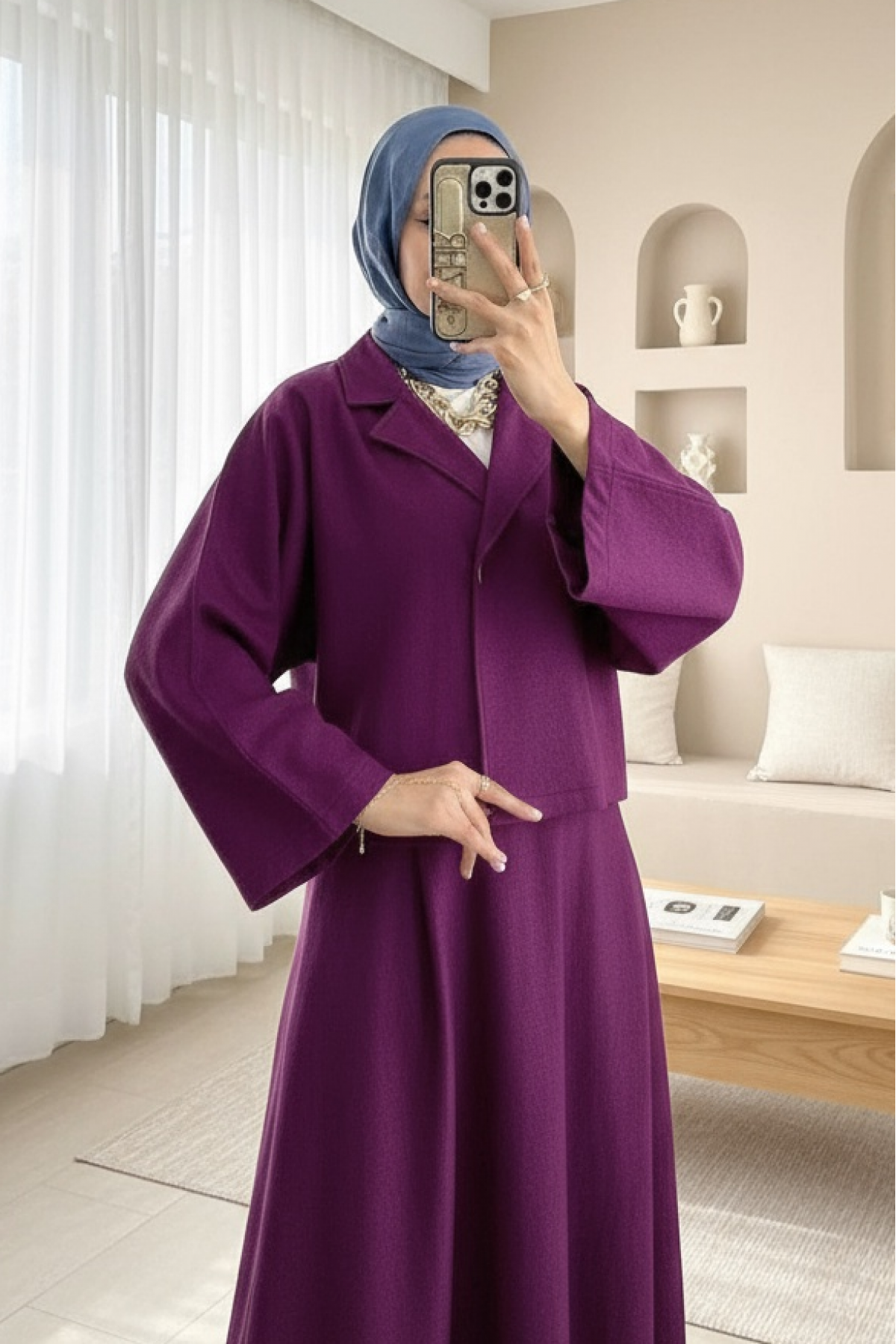 Single-Buttoned Felt Suit with Skirt -Damson