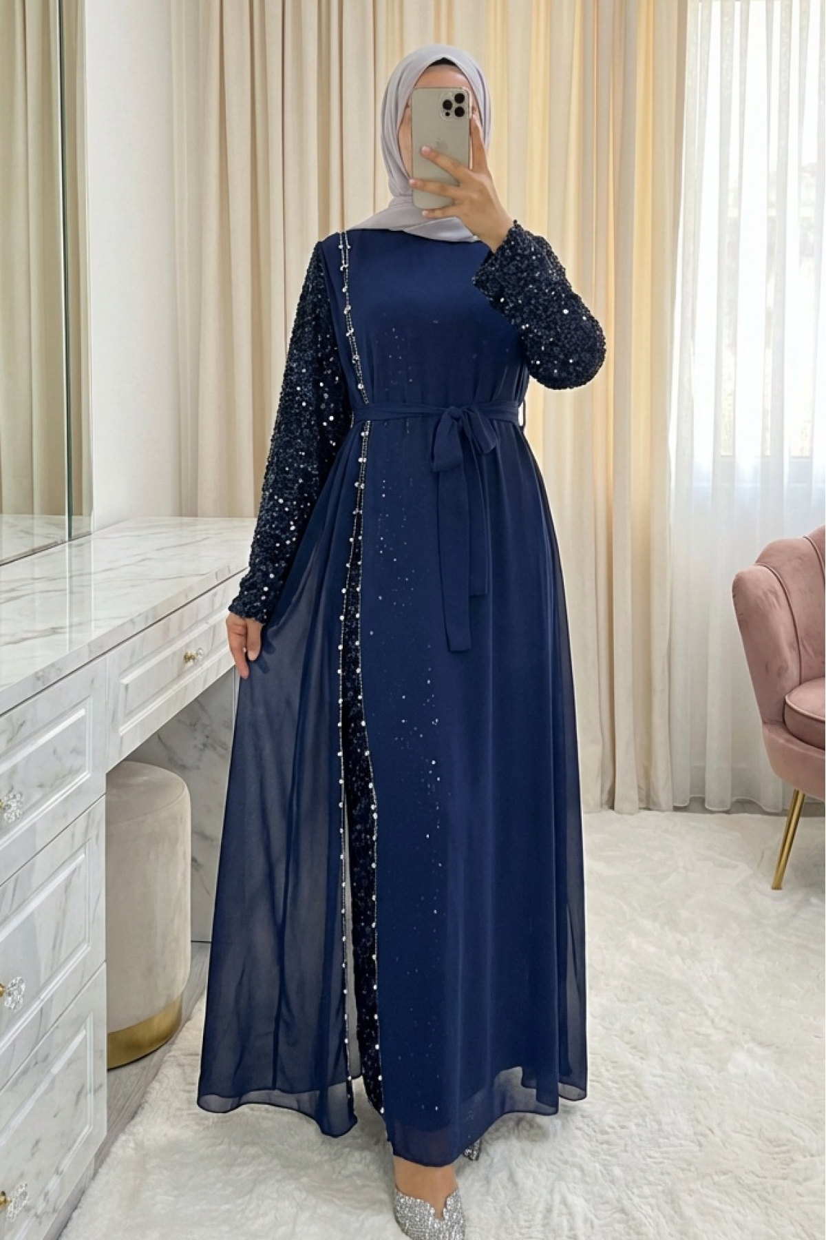 فستان سهرة شيفون بأكمام مزينة بالترتر وحزام -كحلي