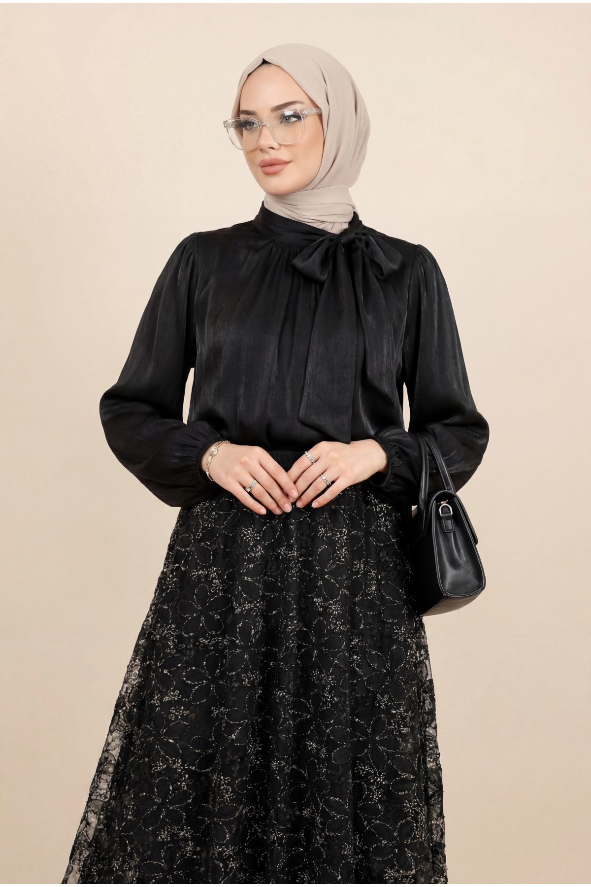 Sequined Skirt, Lined, Tie-Neck, Elasticated Sleeves, Shimmering Suit -Black