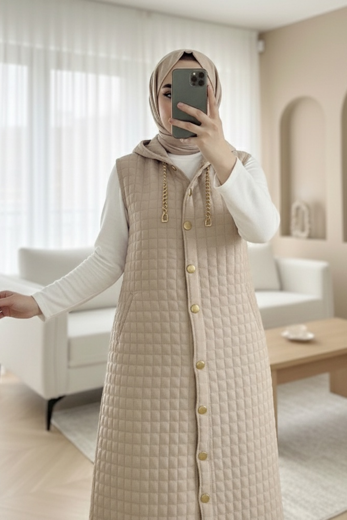 سترة طويلة مبطنة بغطاء رأس وأزرار  وجيوب -حجر