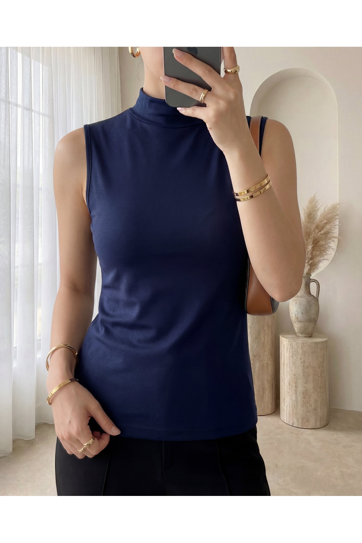 Stand-collar sleeveless cotton undershirt -Navy blue