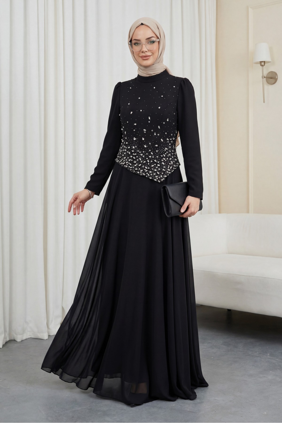 Asymmetrical Top, Chiffon Evening Dress with Scattered Stones -Black