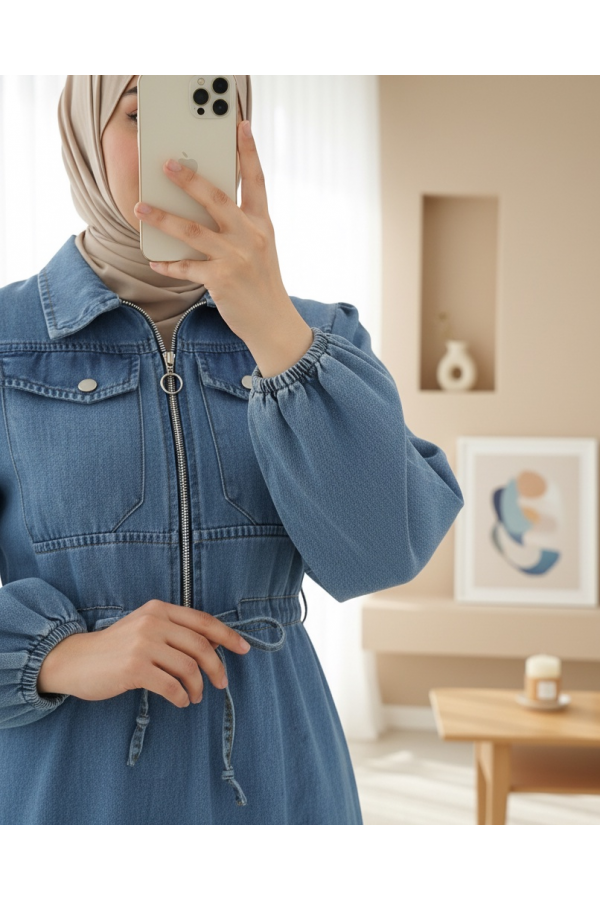 Kolu Lastikli Beli Tünel Bağcıklı Cepli Kot Elbise  -Mavi