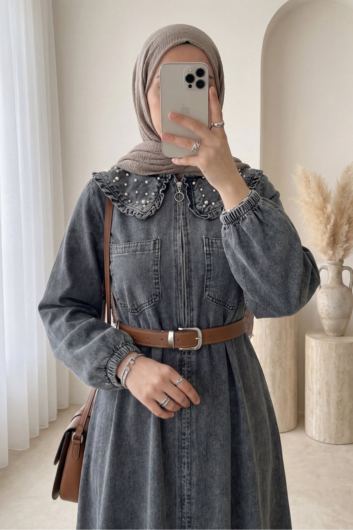 Peter Pan Collar Half-Zip Denim Dress with Pearl Details and Belt -Smoked 