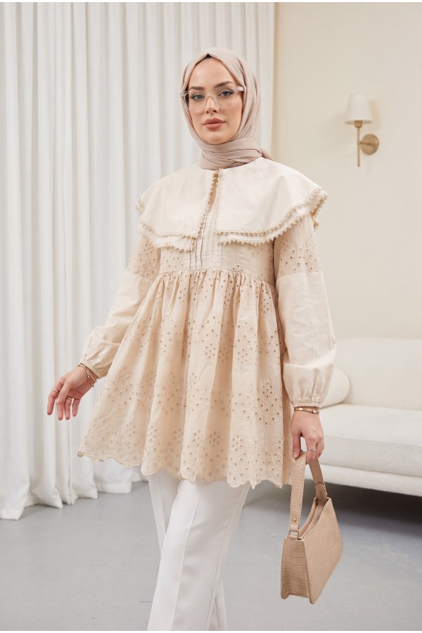 سترة صدفية بأكمام مرنة وياقة مريلة -اللون البيج