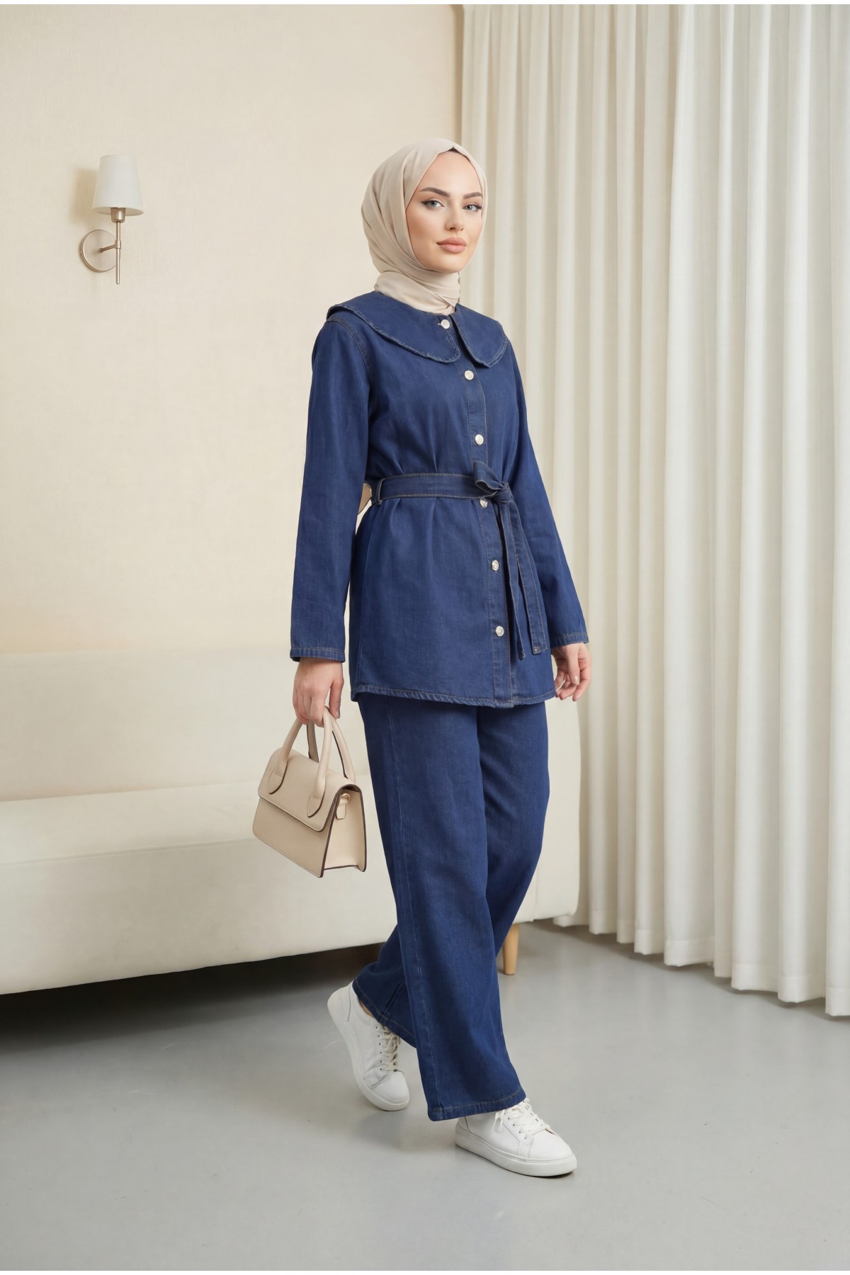 Baby Collar, Belted Waist, Button-Front Pants and Denim Set -Navy blue