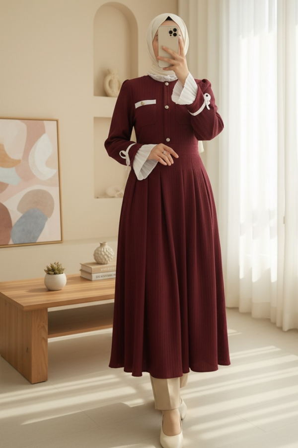 Pleated Dress with Padded Shoulders, Laced Sleeves, Button Detail and Pocket -Maroon