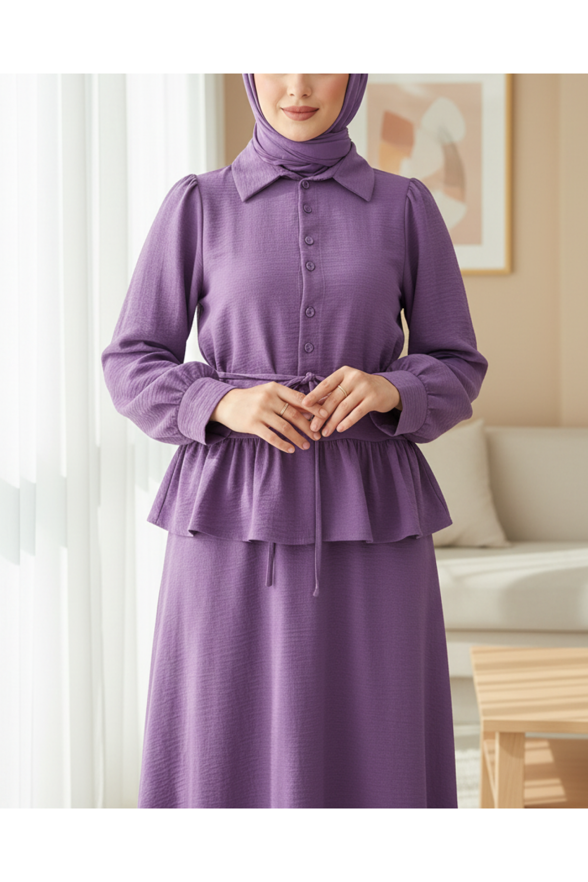 Pieced Pleated Blouse Skirt Set - Purple