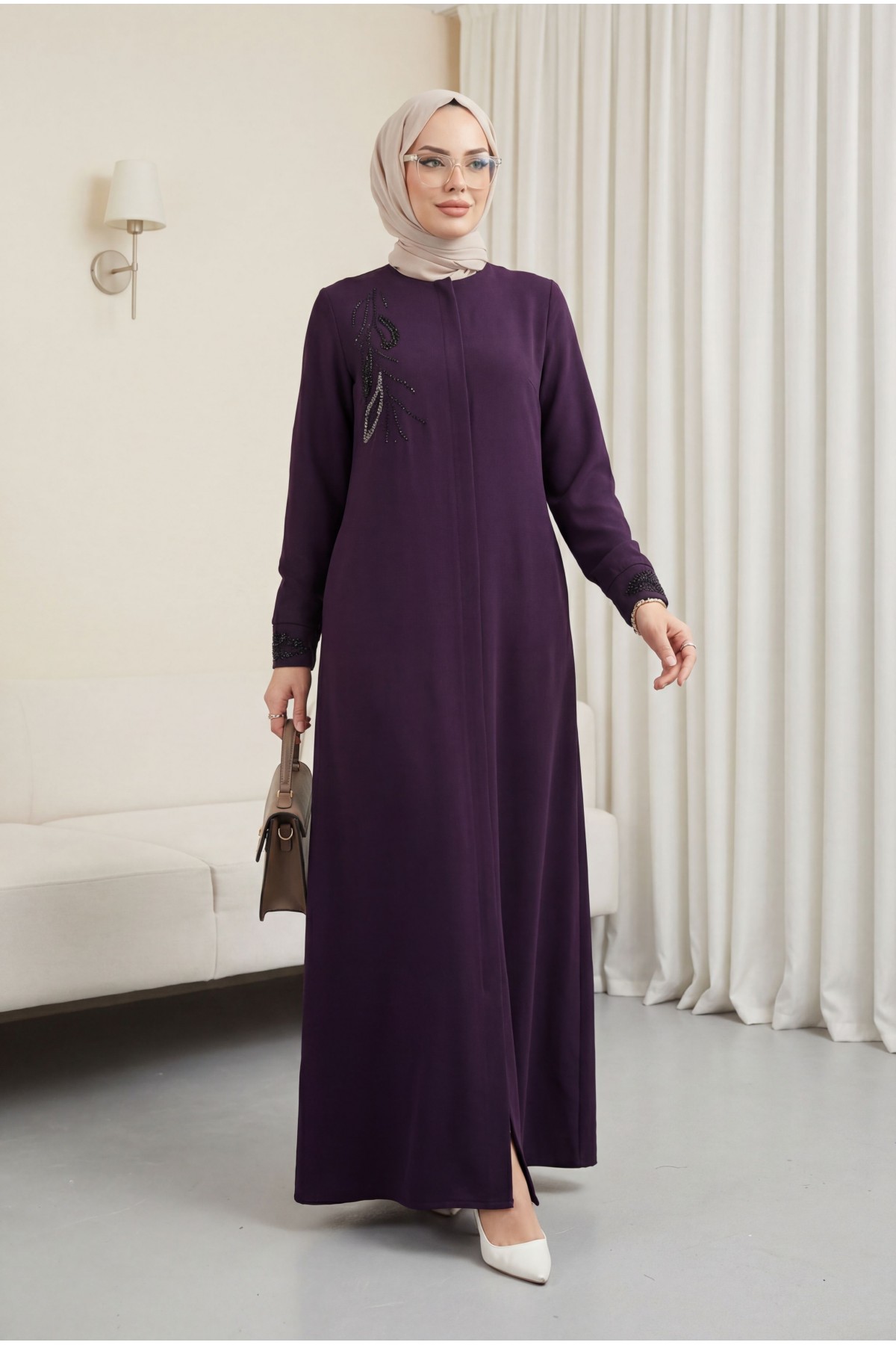 Hüma Stone Detailed Abaya, Plum HM2479