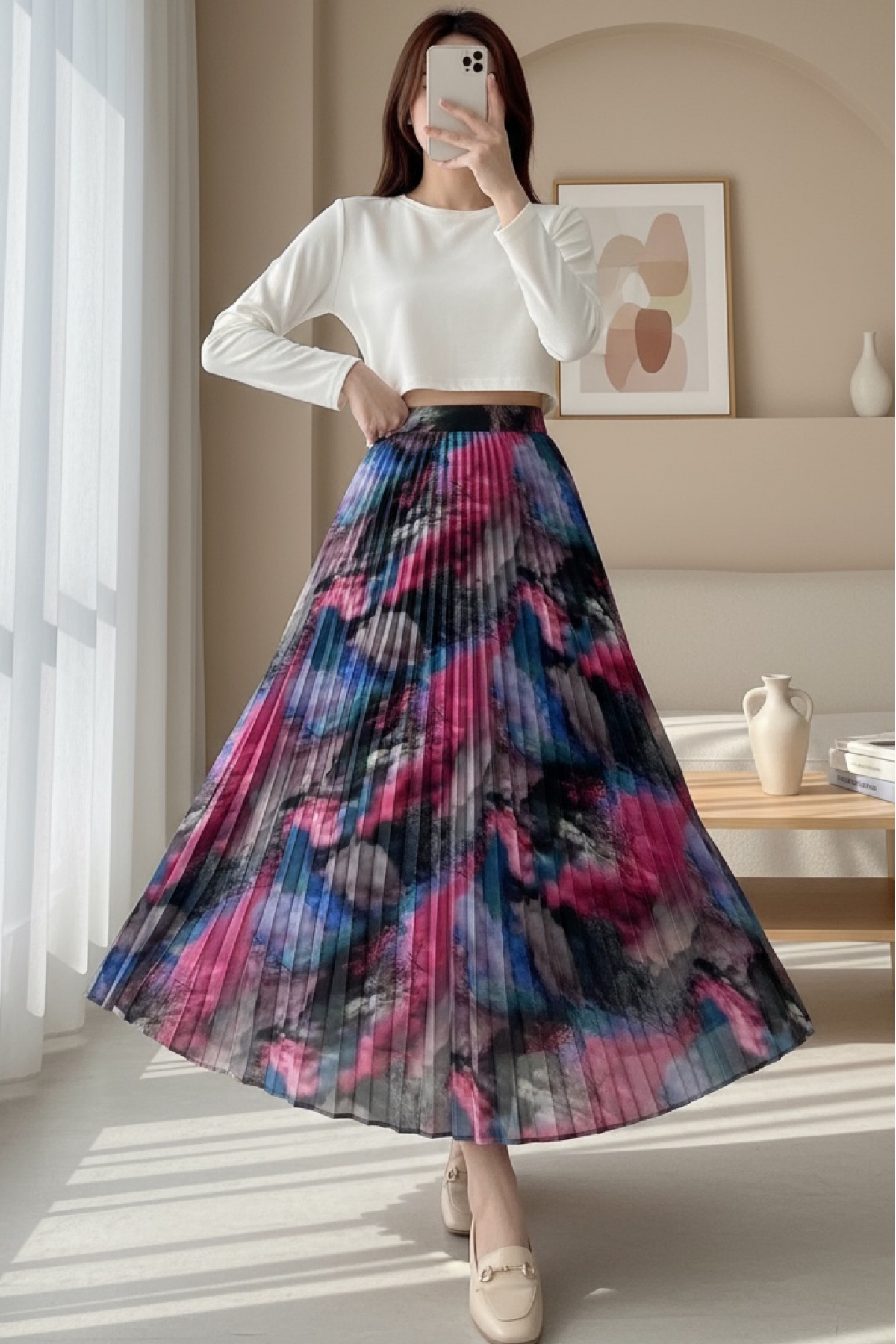 Digital Printed Pleated Skirt -Pink