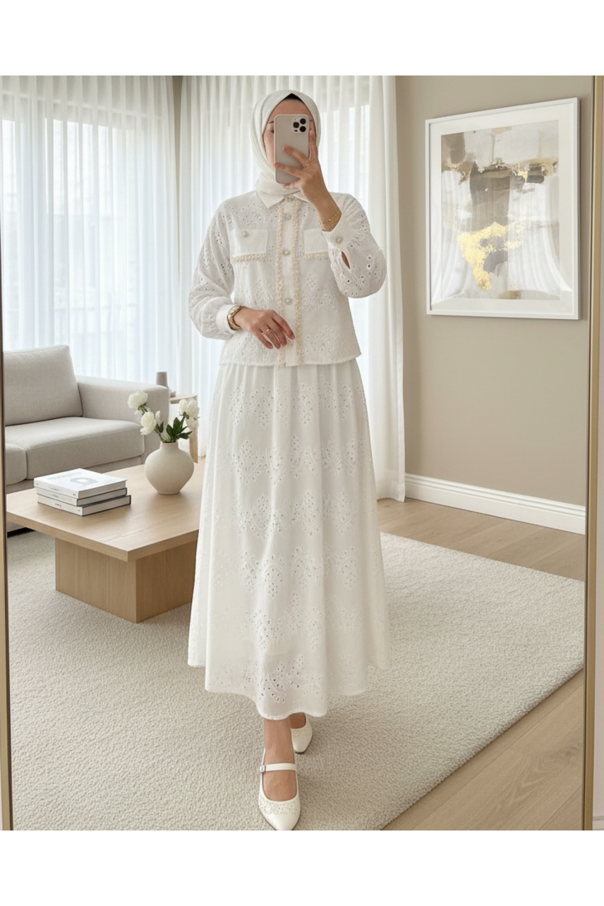 Tassel Detailed Pearl Buttoned Skirt Suit -White