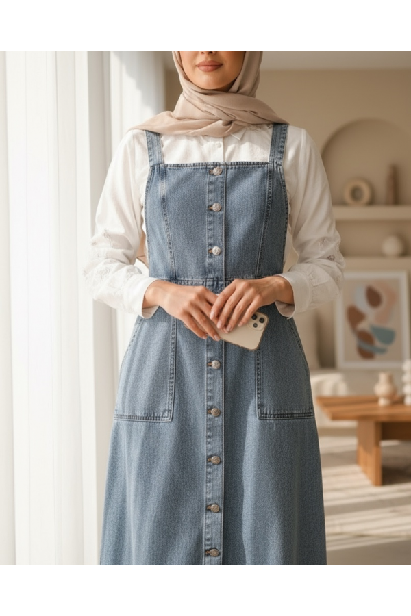 Button Down Double Pocket Jeans Loose -Ice Blue