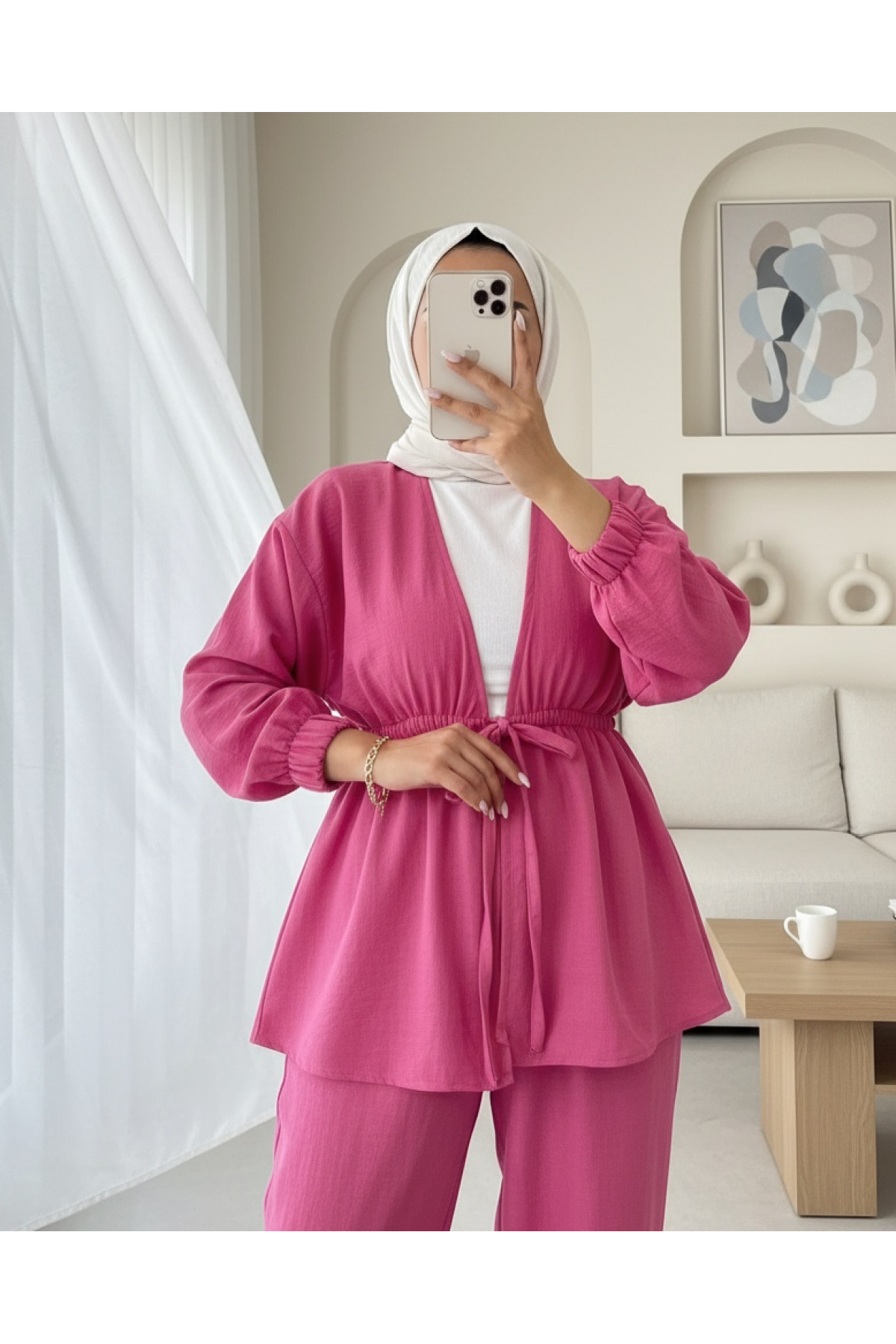 Beli Bağlamalı Lastikli İkili Keten Görünümlü Takım -Fuşya