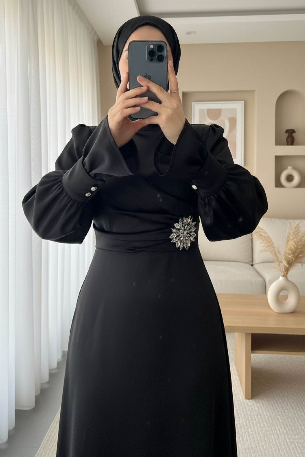 Satin Dress with Ruffled Cuffs and Stone Detail on the Front -Black