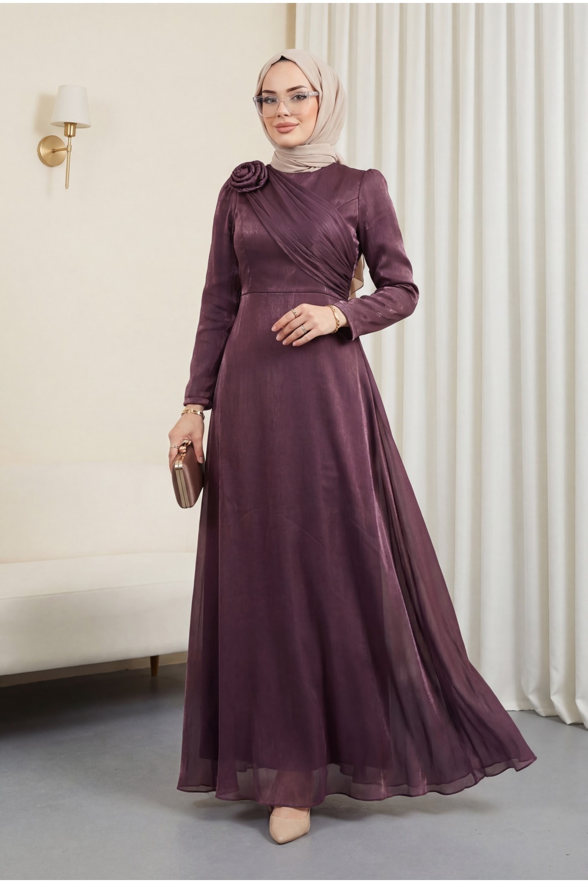 Chiffon Evening Dress with Rose Detail on Shoulder  -Cherry Color