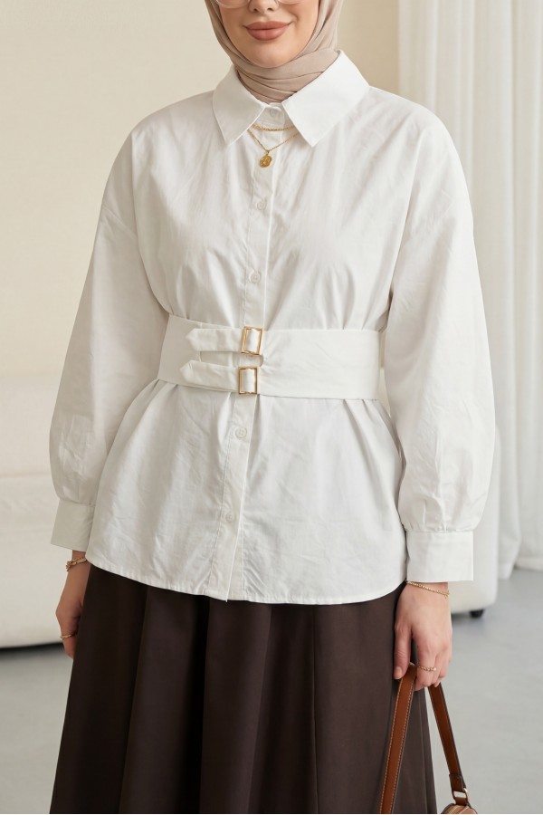 Cupra Shirt with Double Buckle Elastic Belt and Button Front -White