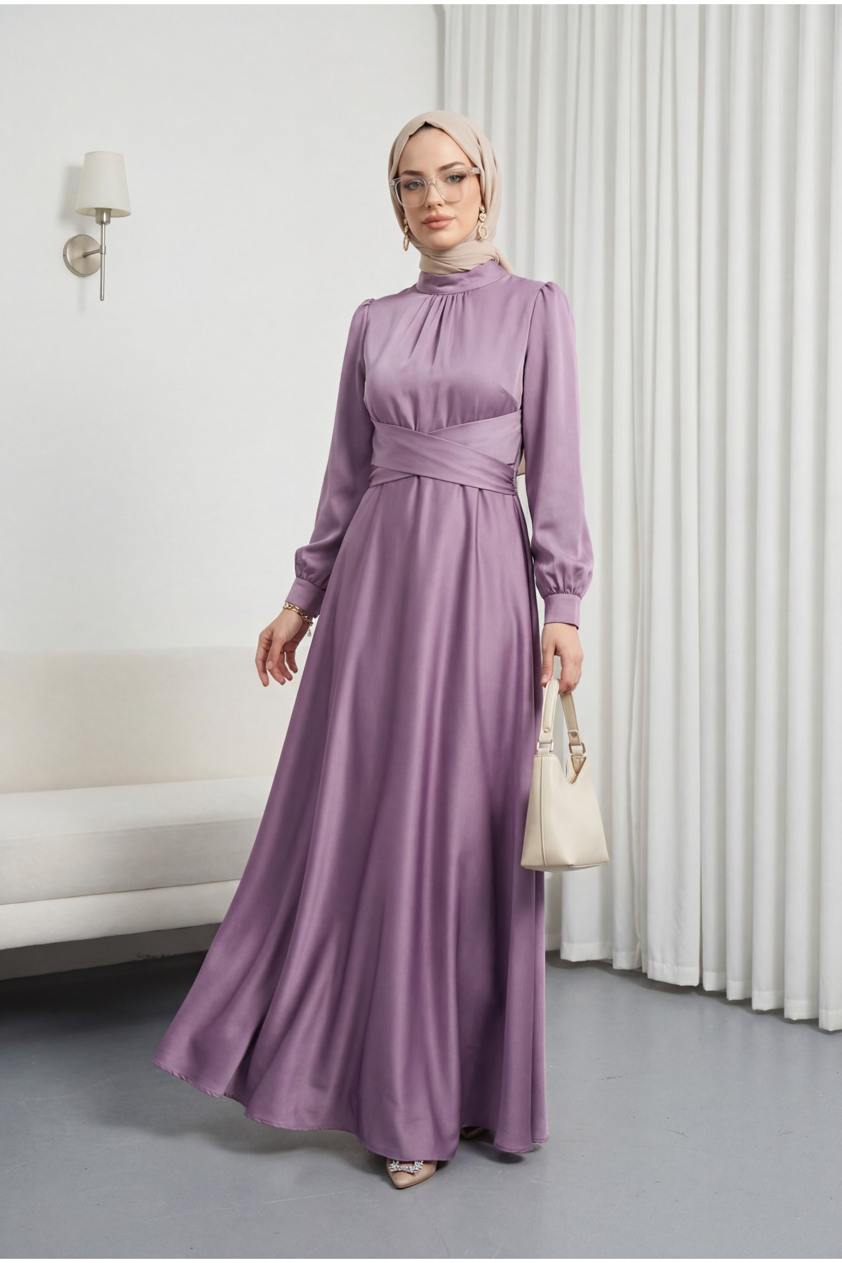 Round Neck Satin Dress with Cross -Dried rose