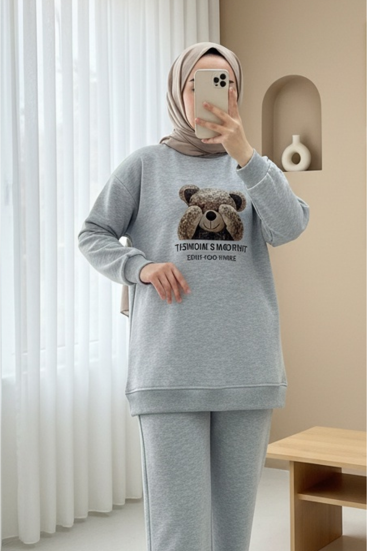 Ayıcık Baskılı Şardonlu 3 İplik Sweat Takım  -Açık Gri