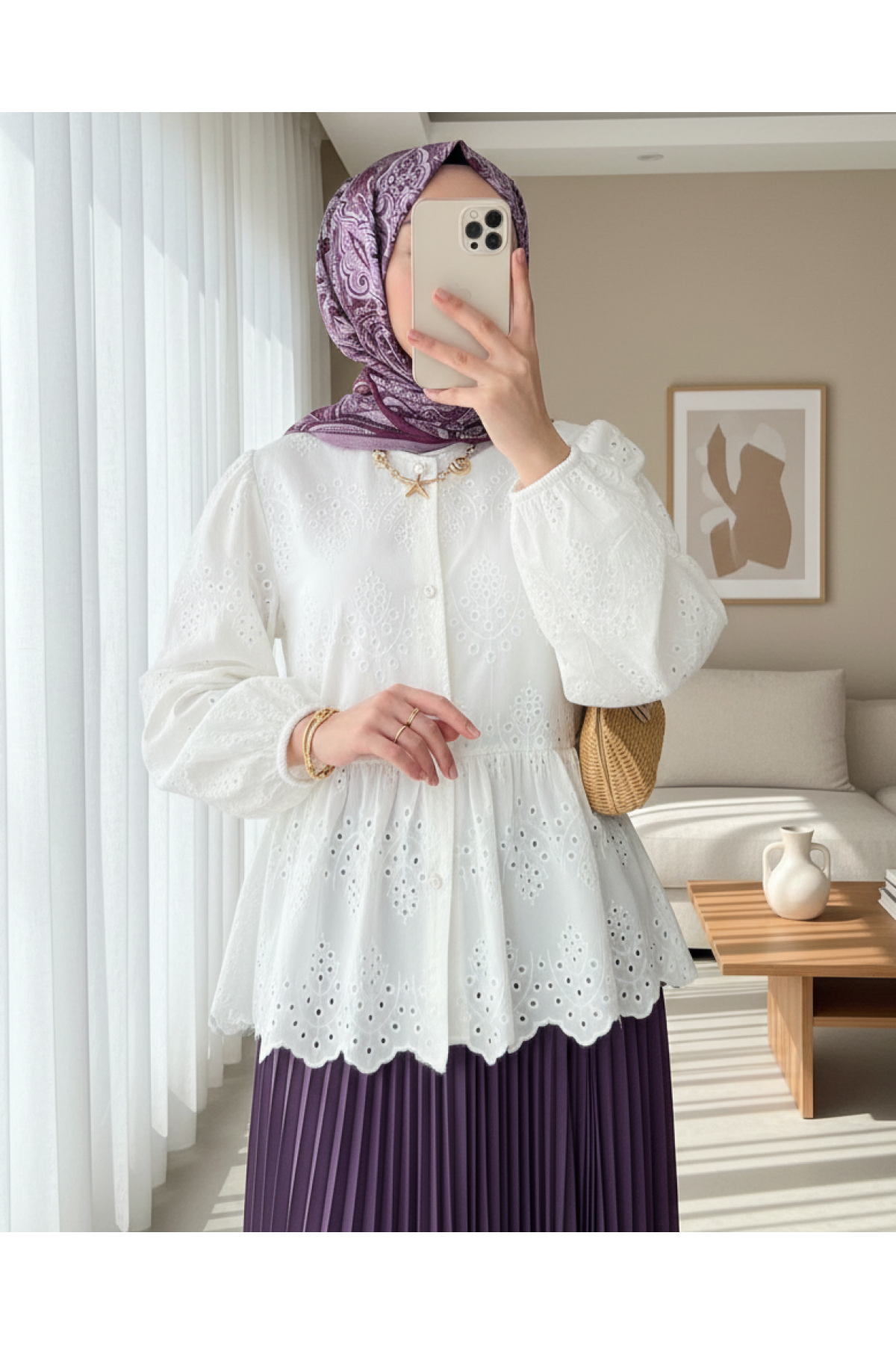 Elastic Sleeve Openwork Buttoned Lined Shirt -White