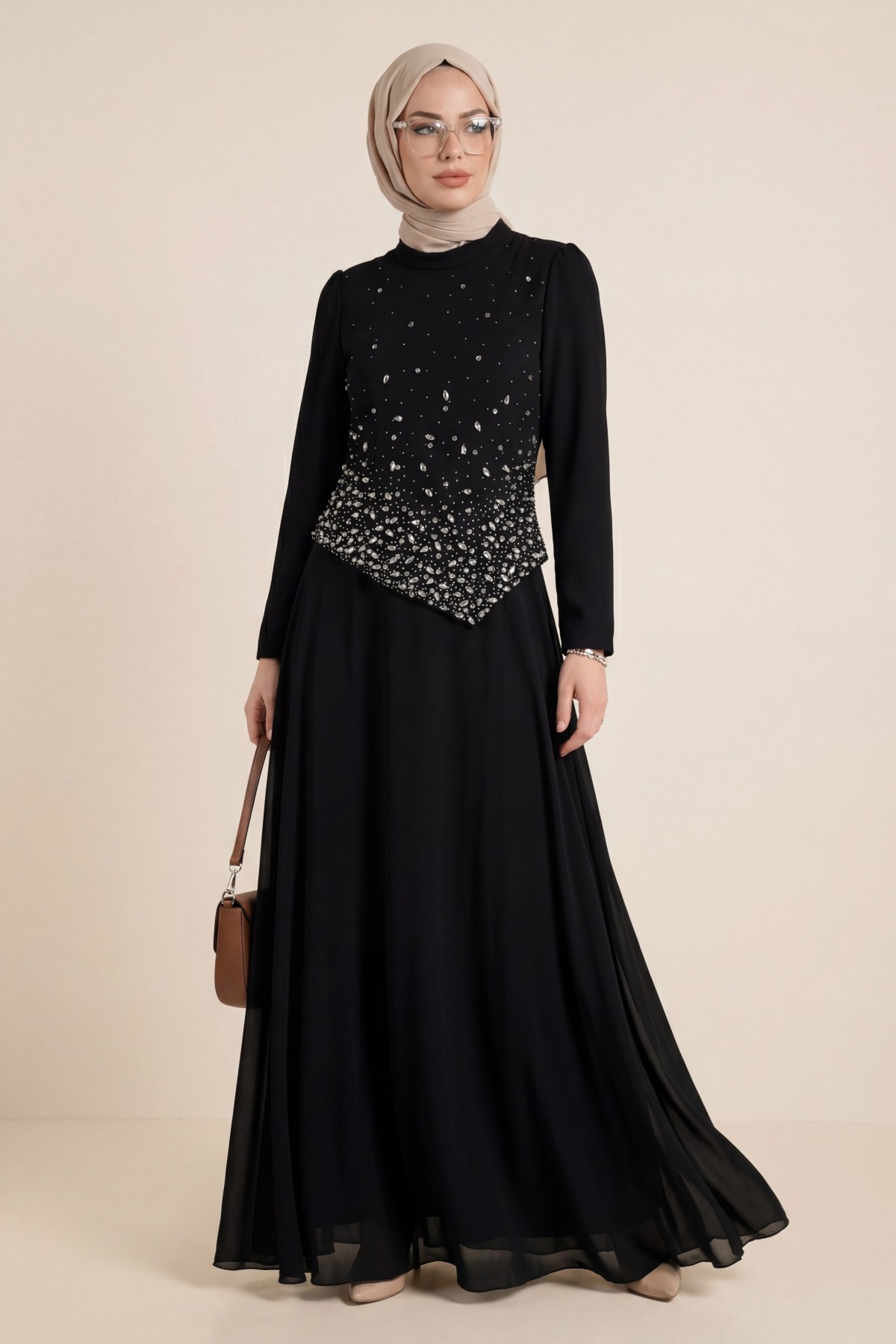 Asymmetrical Top, Chiffon Evening Dress with Scattered Stones -Black
