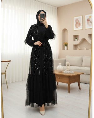 Belted Two-Piece Tulle Abaya Set with Stone and Pearl Details -Black