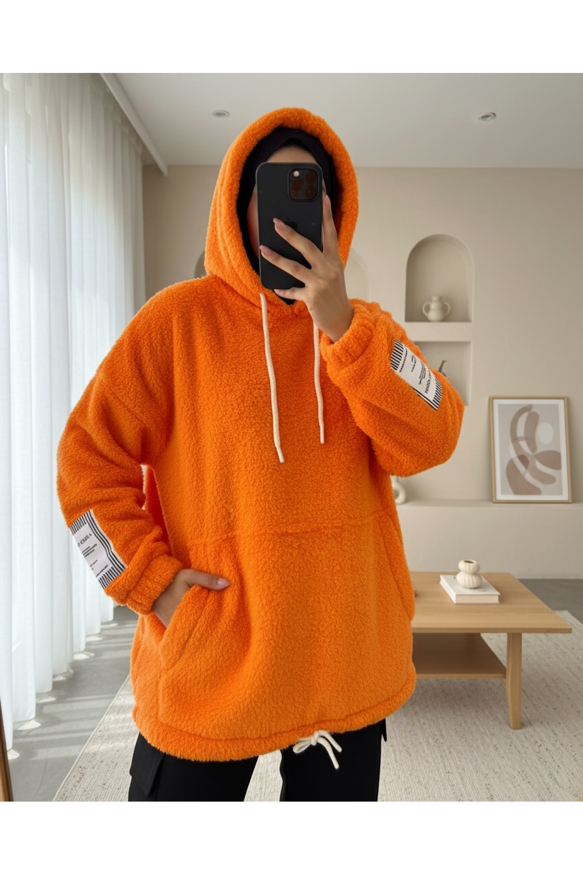 Kangaroo Pocket Hooded Lace-up Plush Sweat -Orange