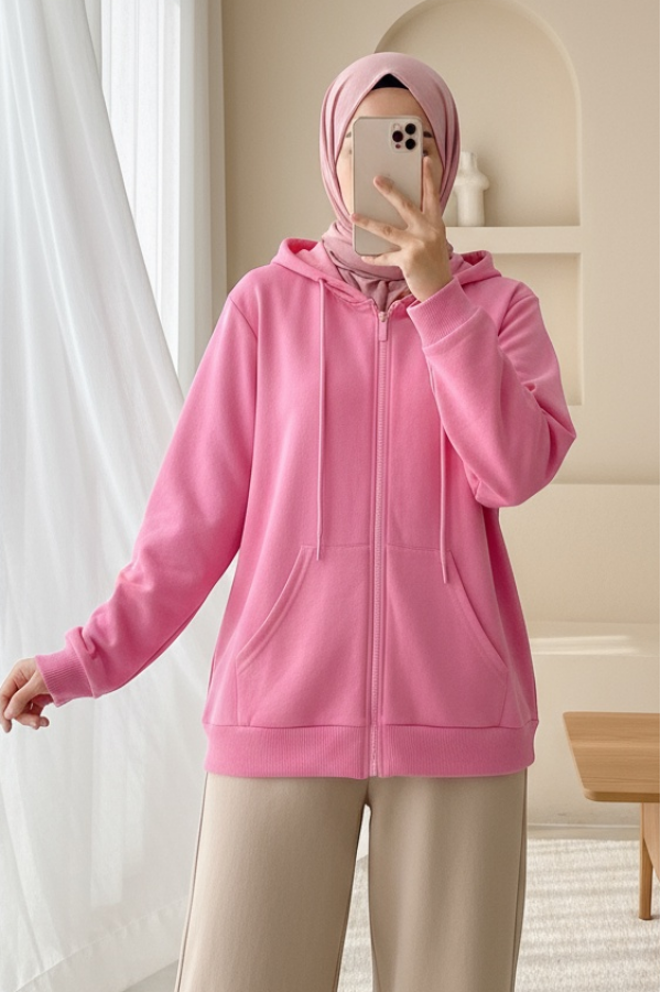Kapşonlu Fermuarlı Cepli Penye Sweat  -Pembe