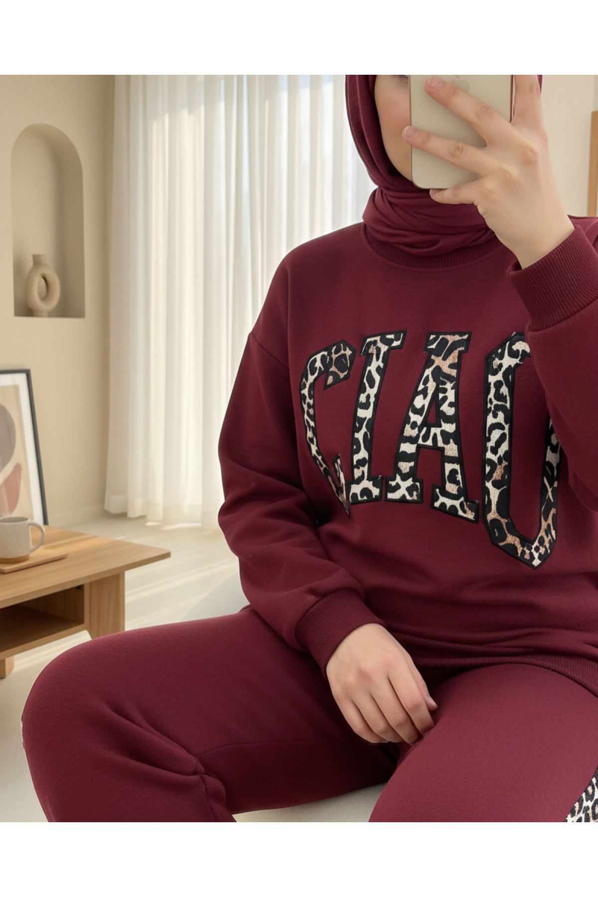 Three-Thread Sweat Suit with Leopard Pattern Detail and Front Writing -Maroon