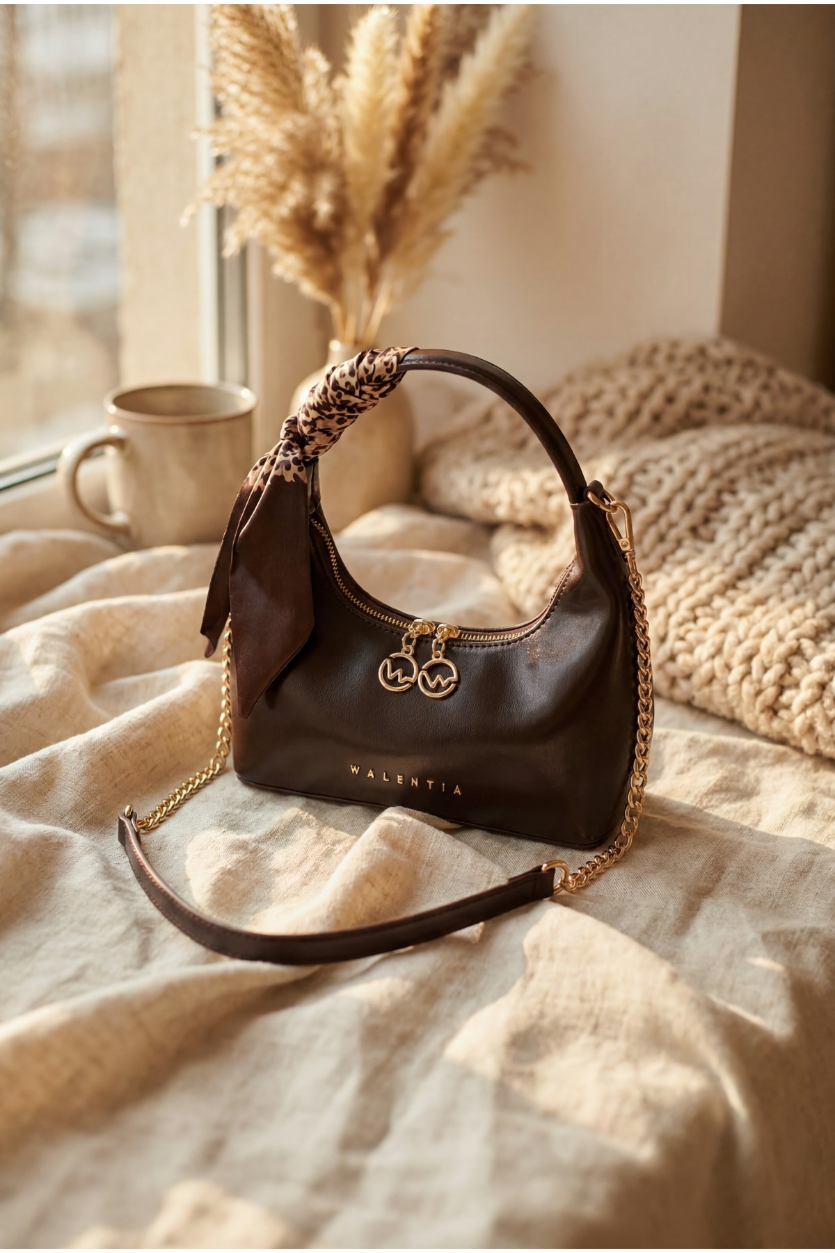 Scarf Detail Chain Strap Shoulder Bag -Dark Coffee
