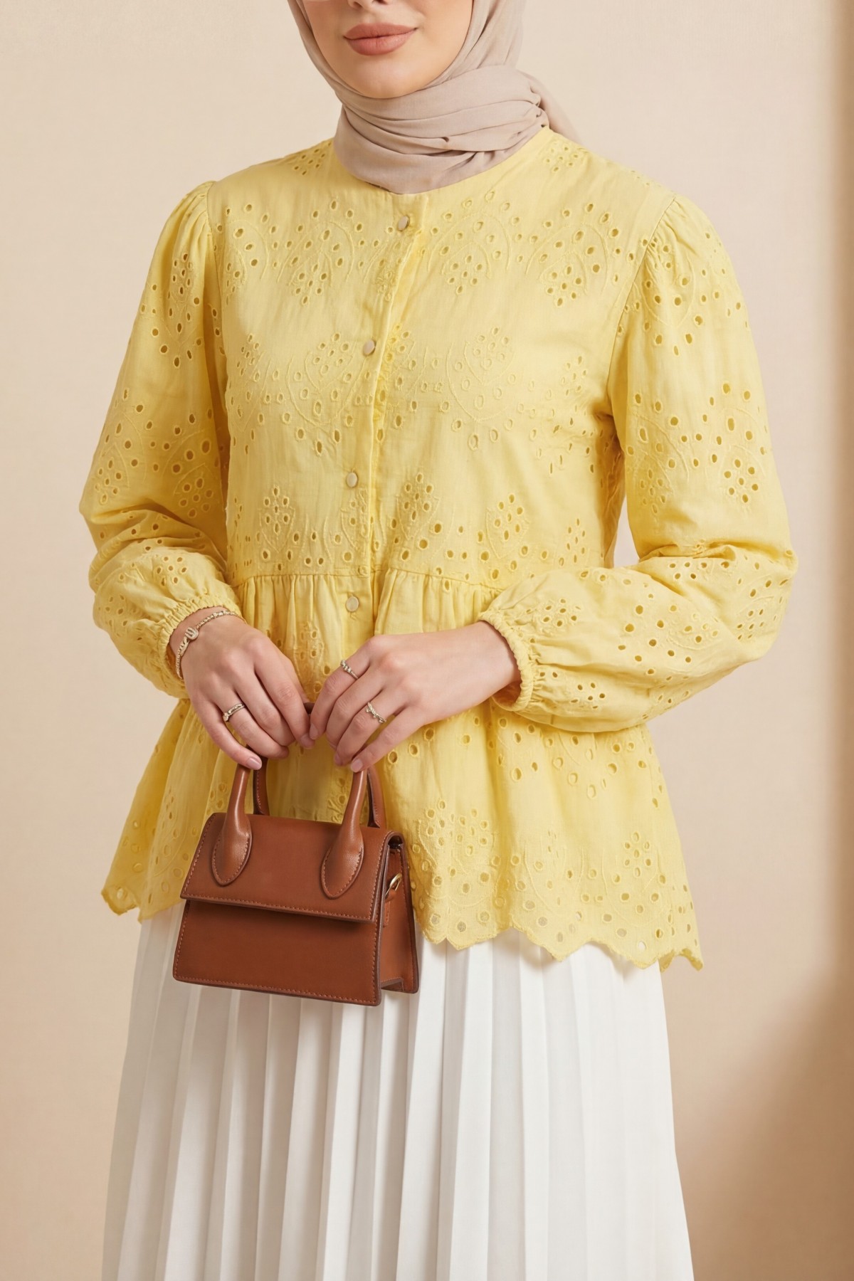Elastic Sleeve Openwork Buttoned Lined Shirt  -Yellow