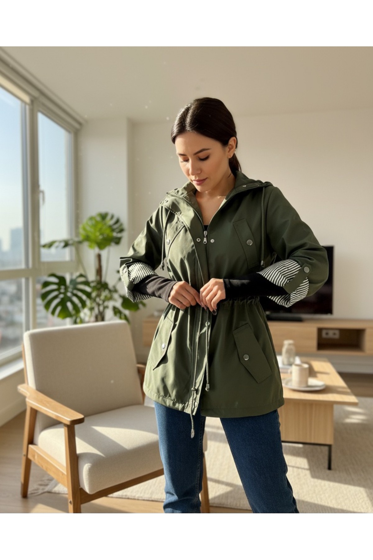 Hooded Top Pocket Detailed Short Trench Coat -Khaki