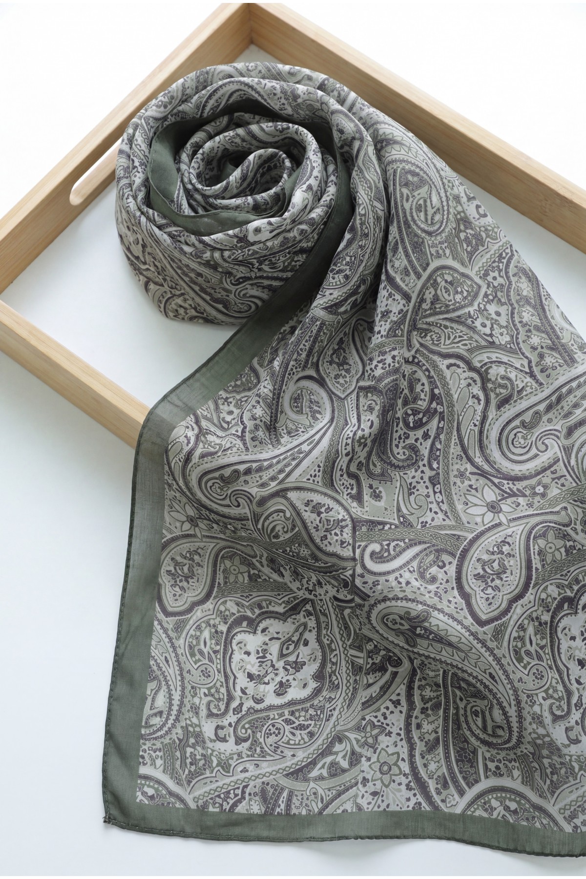 Traditional Floral Patterned Cotton Scarf -Khaki