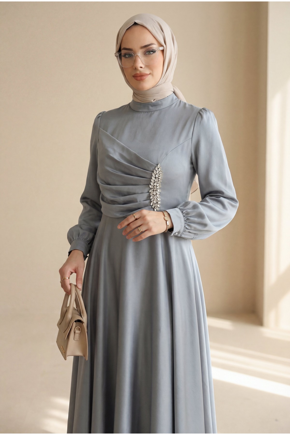 Satin Dress with Draped Front and Stone Embellishments -Silver
