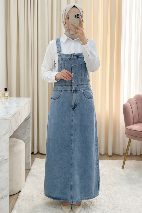 Half-buttoned denim overalls with pockets -Ice Blue