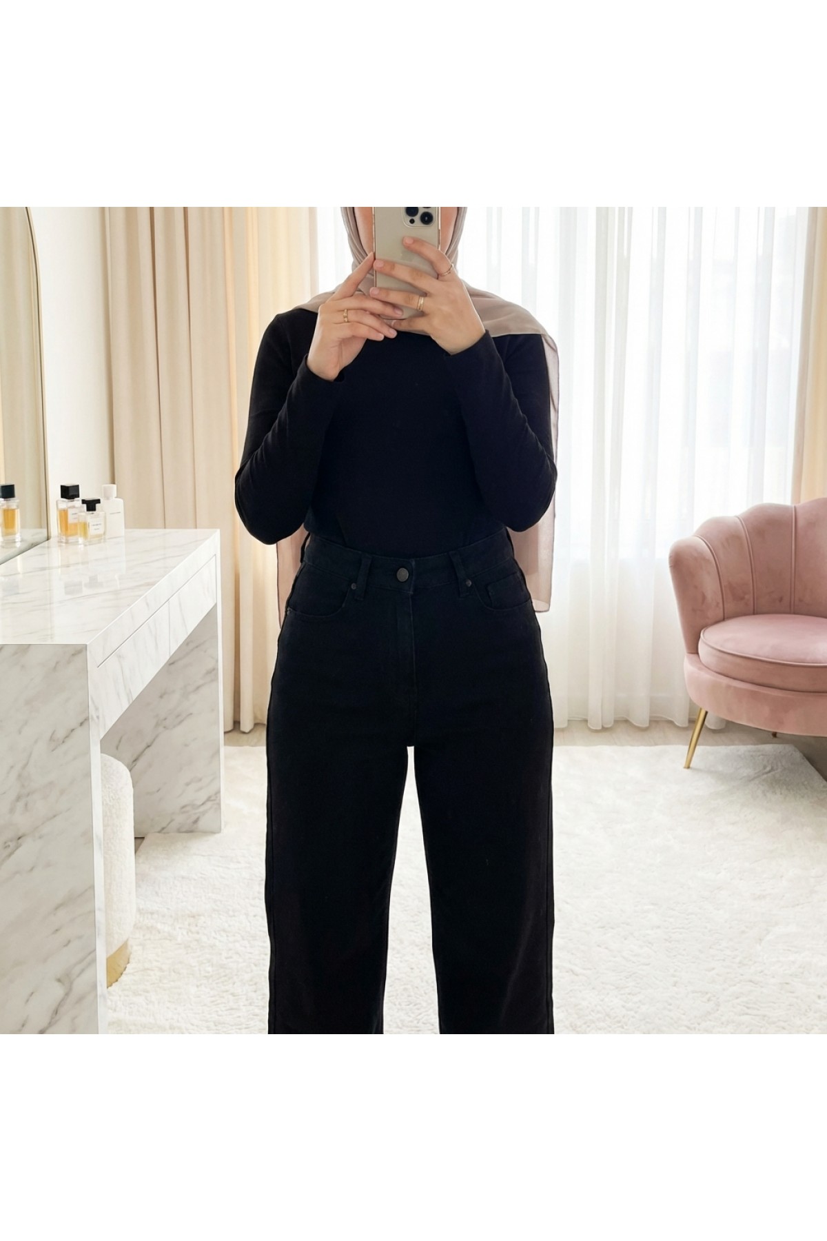 Palazzo Jeans with Pockets and Zipper -Black
