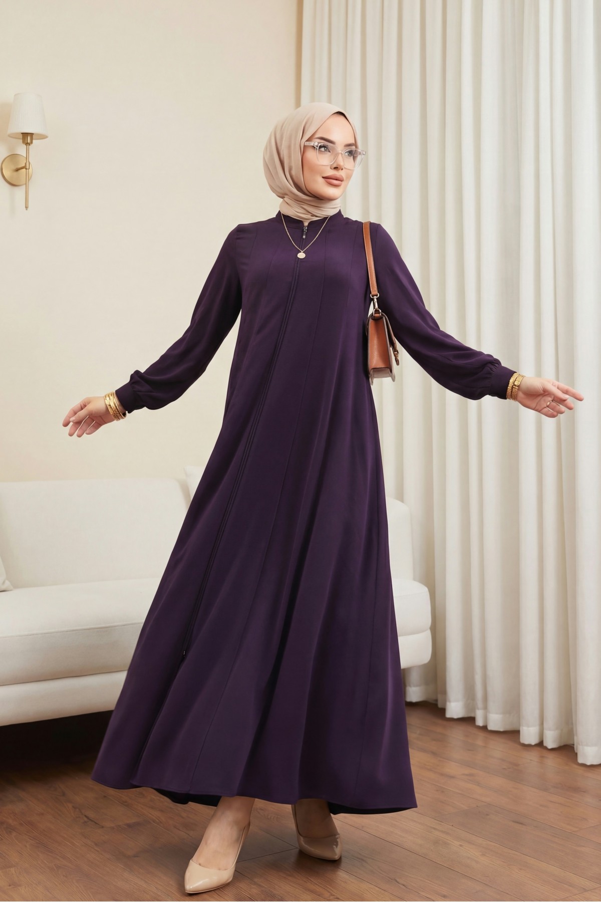 Side Pocket, Full Zipper, Elastic Sleeve Abaya - Purple
