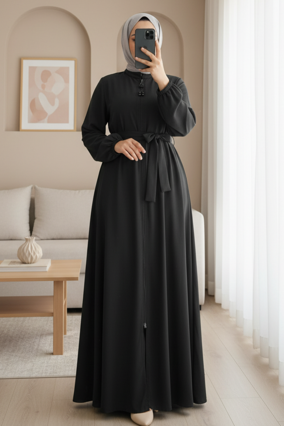 Medina Silk Abaya with Zippered Sleeves and Elastic Waist Belt -Black