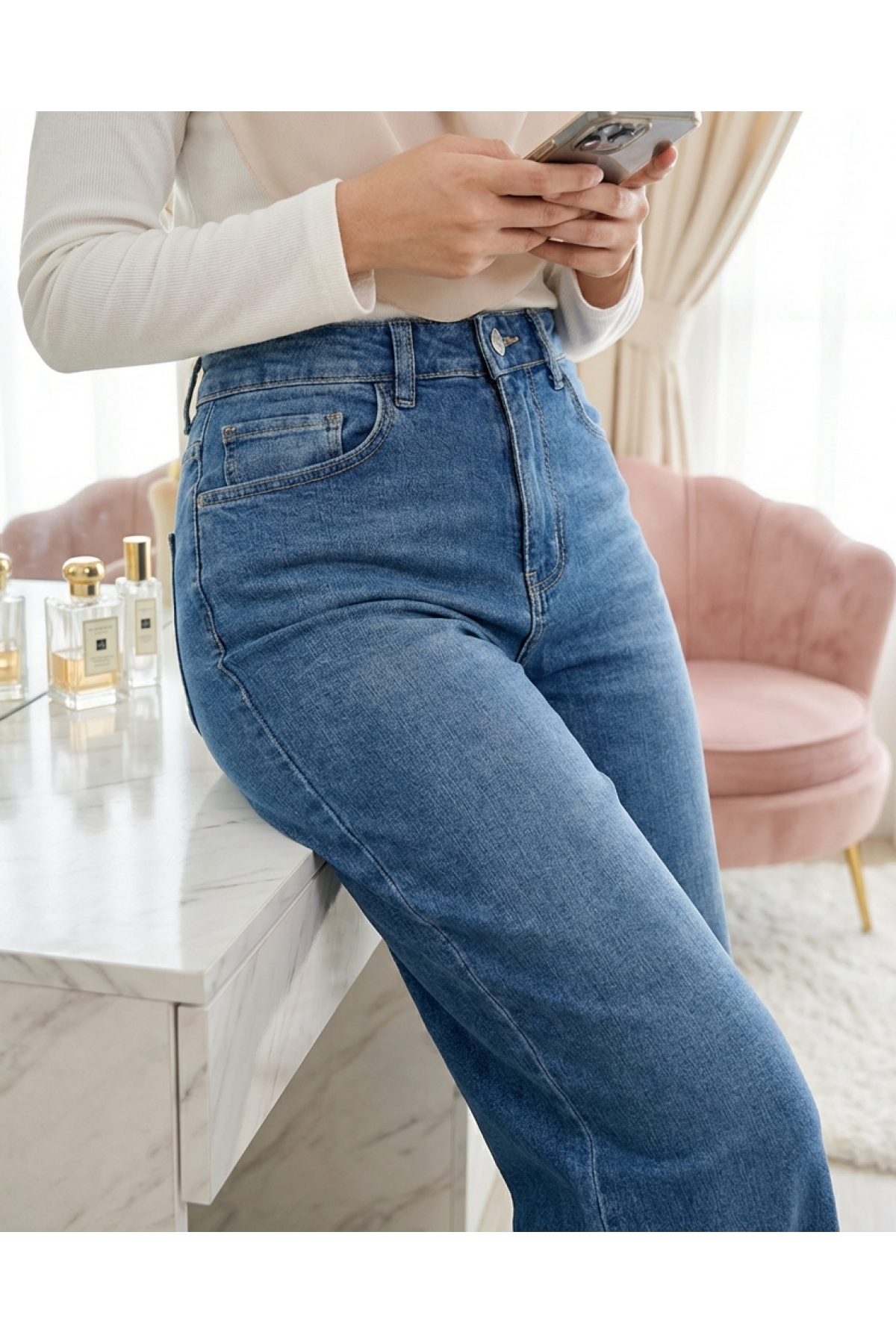 Palazzo Jeans with Pockets and Zipper -Tint