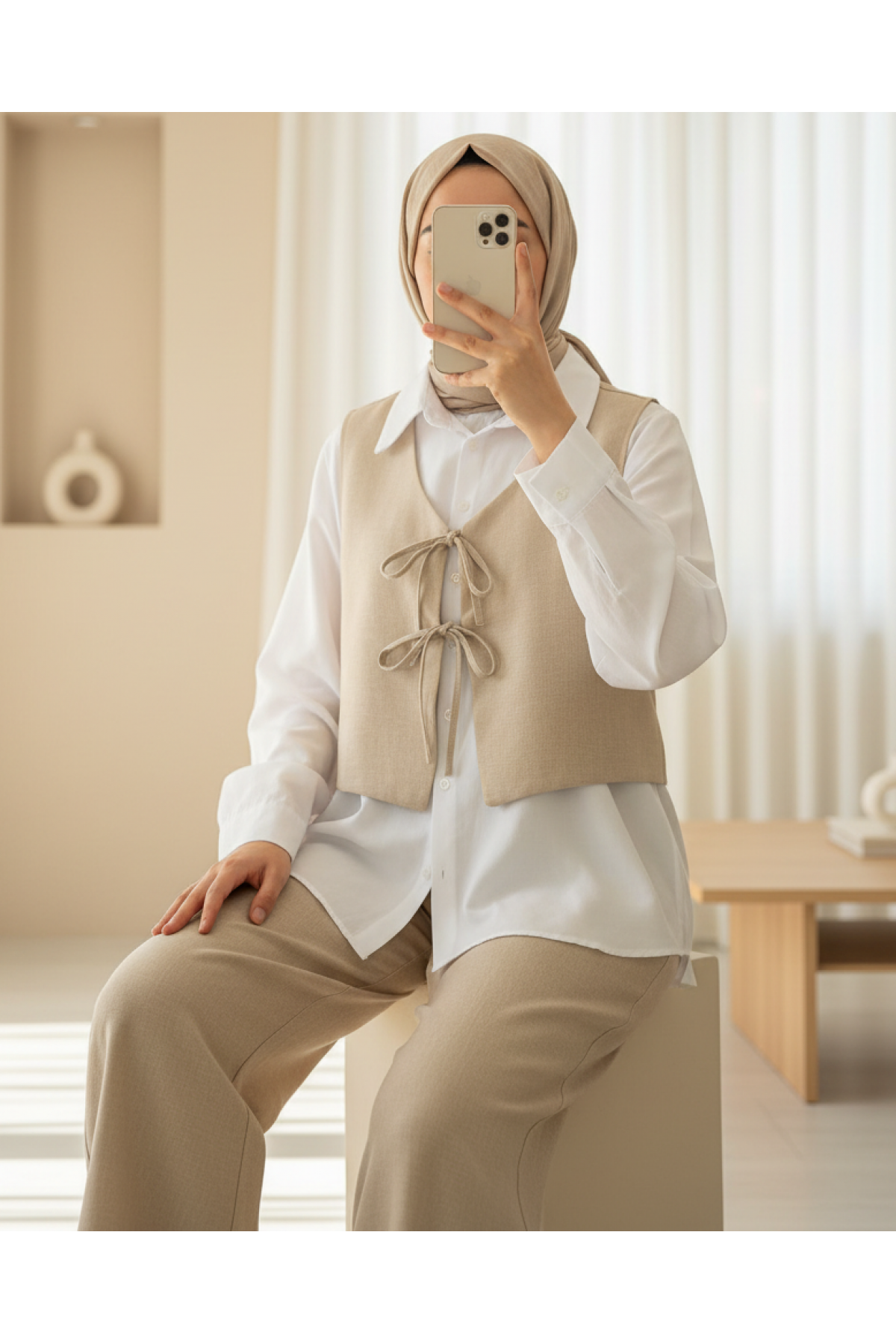 Lace-up Front Trousers Vest Two Piece Linen Suit -Mink color