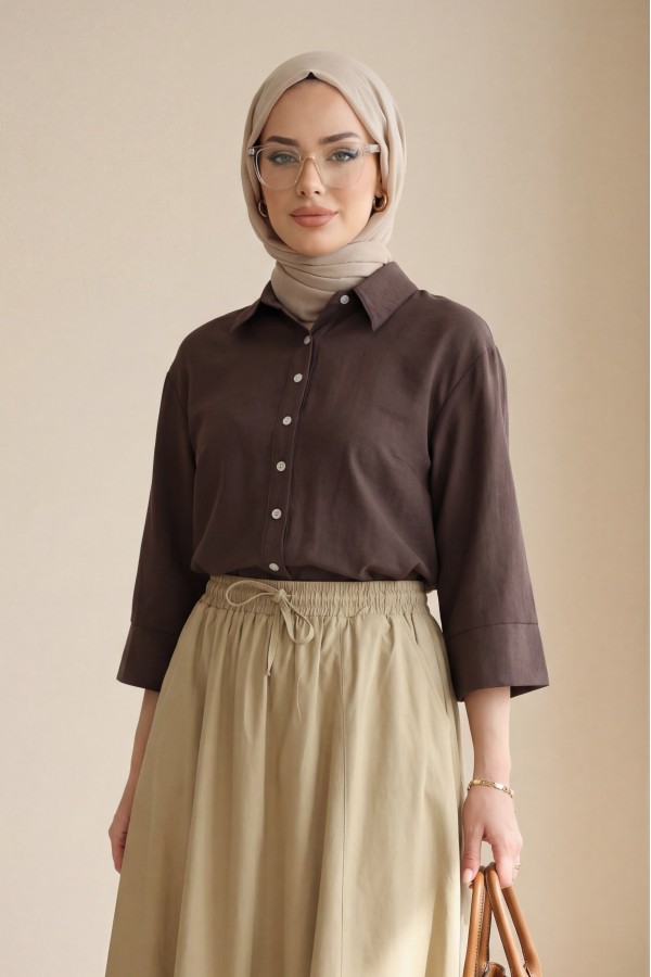 V-Neck Buttoned Short-Sleeve Modal Shirt -Dark Coffee