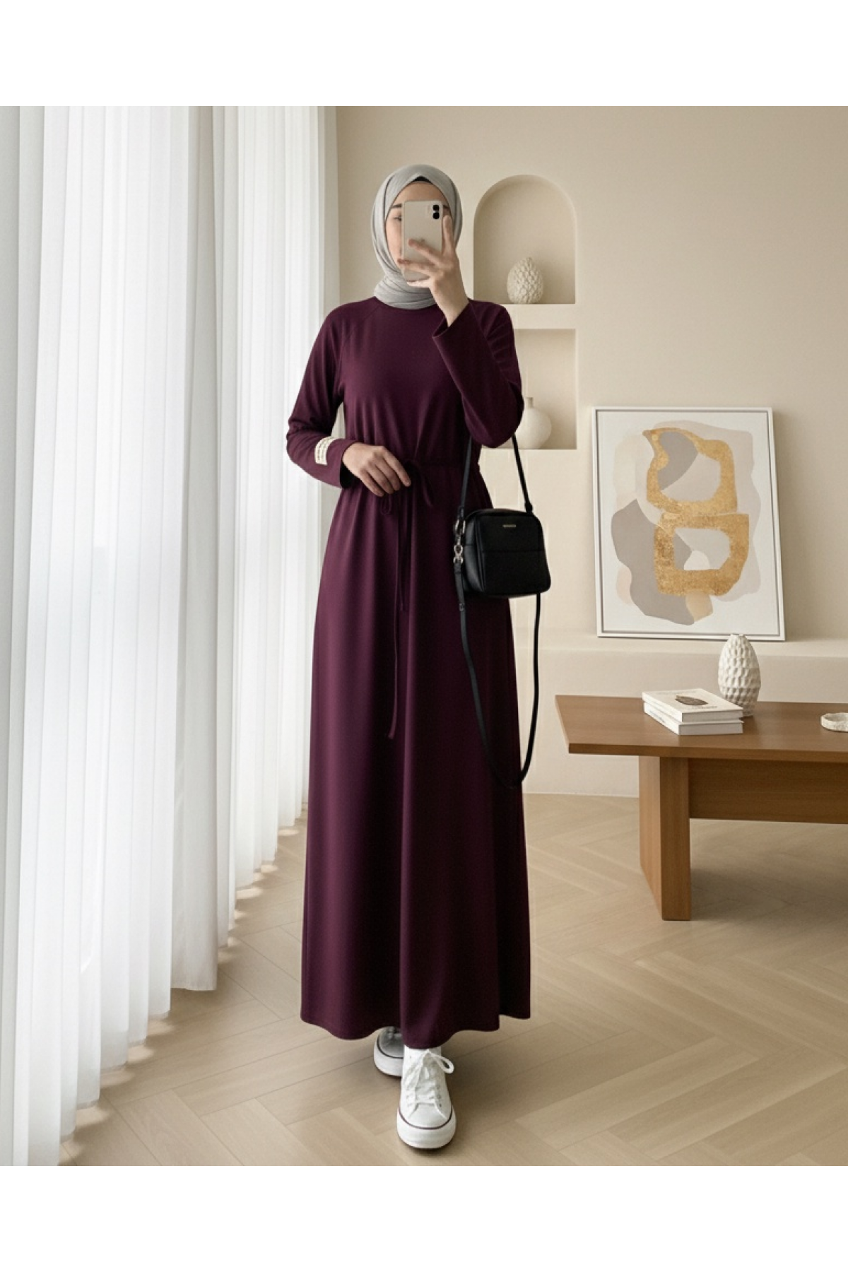 Round Neck Tied Waist Oysho Dress -Damson